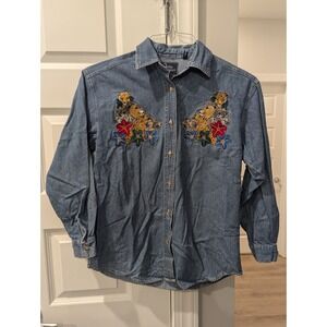 VTG Y2K Quizz Again Womens Blue Denim S Button Up Embroidered Animals Grannycore